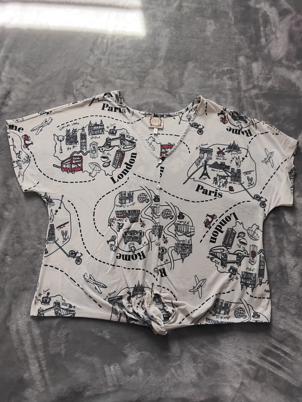London Times Cream Travel Map V-Neck Knot Top